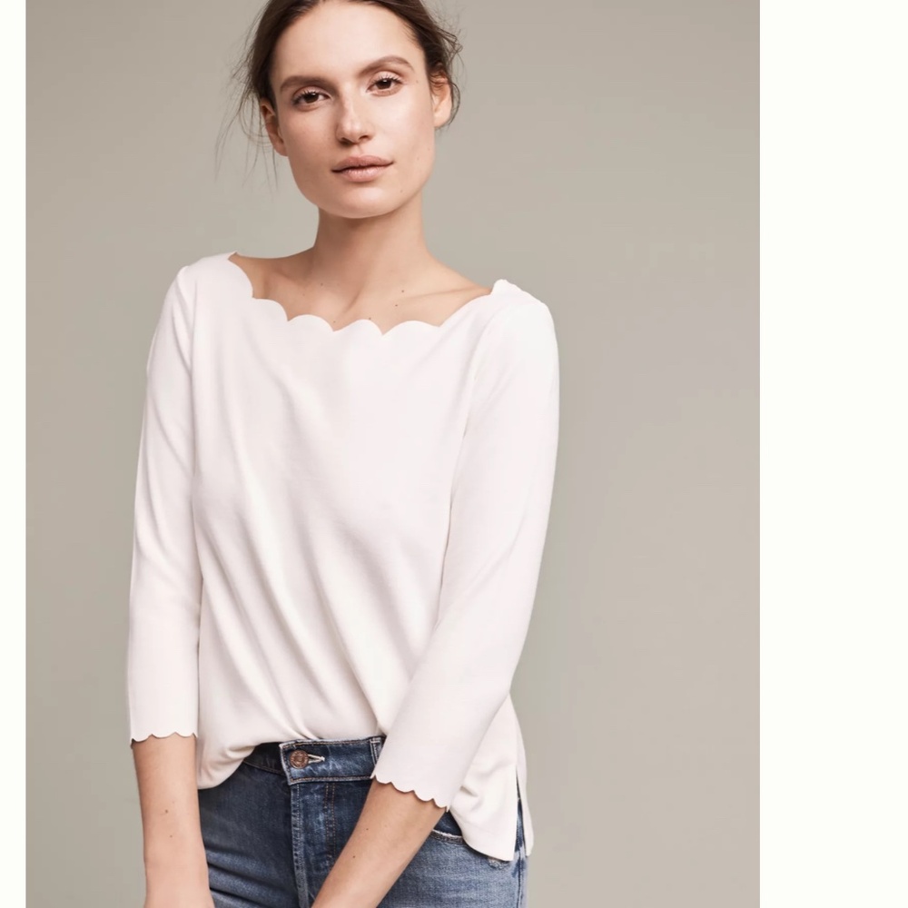 Alex and Ani Scalloped Neck Long Sleeve Tee in Ivory